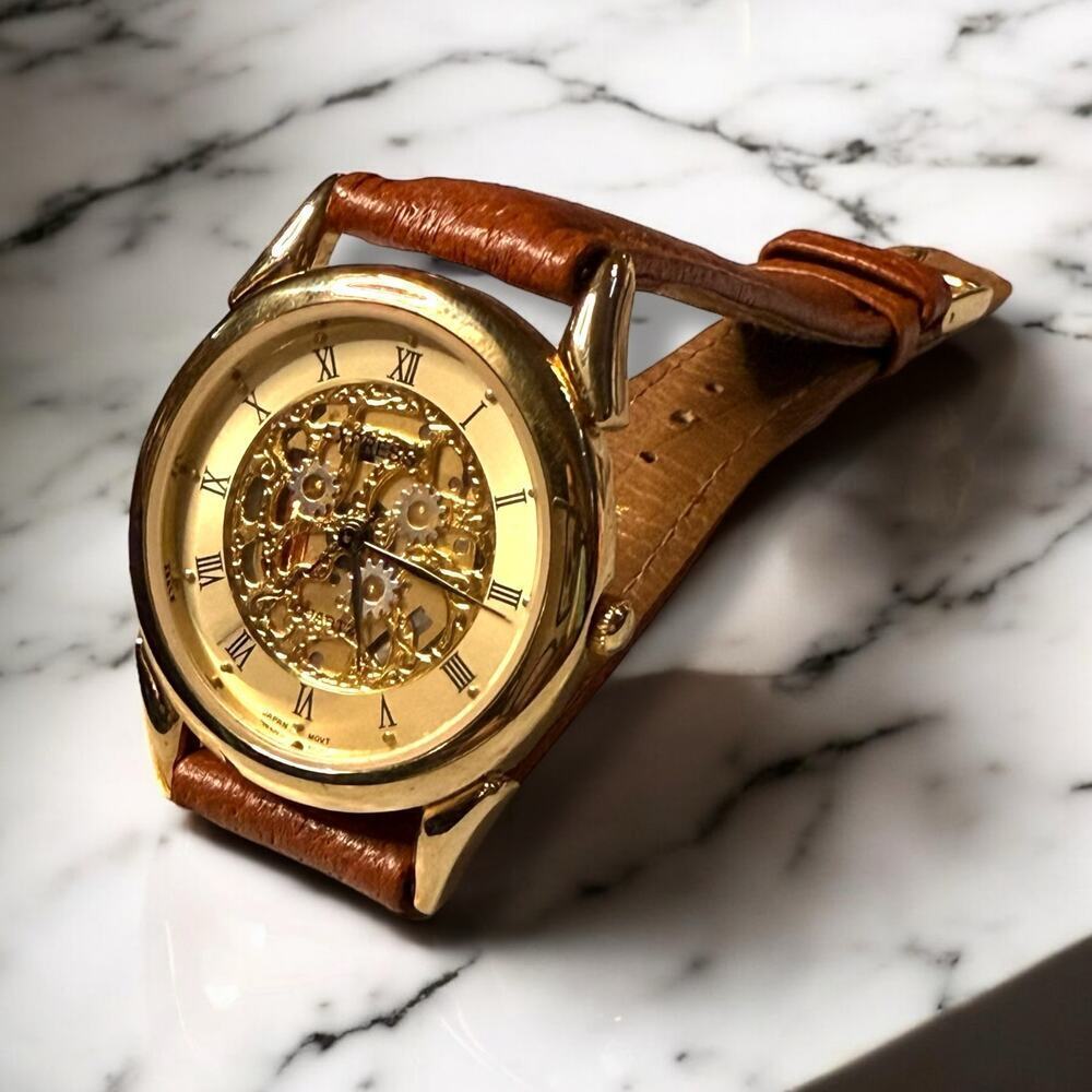 VTG Express Watch Mens Gold Tone Quartz Skeleton Dial Brown Leather Strap RUNS
